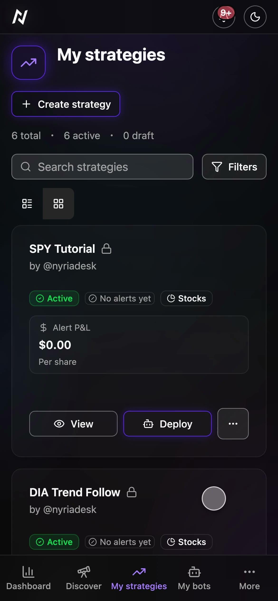 A strategy name typed in, TradingView picked as its alert source, then Create and the new strategy's page