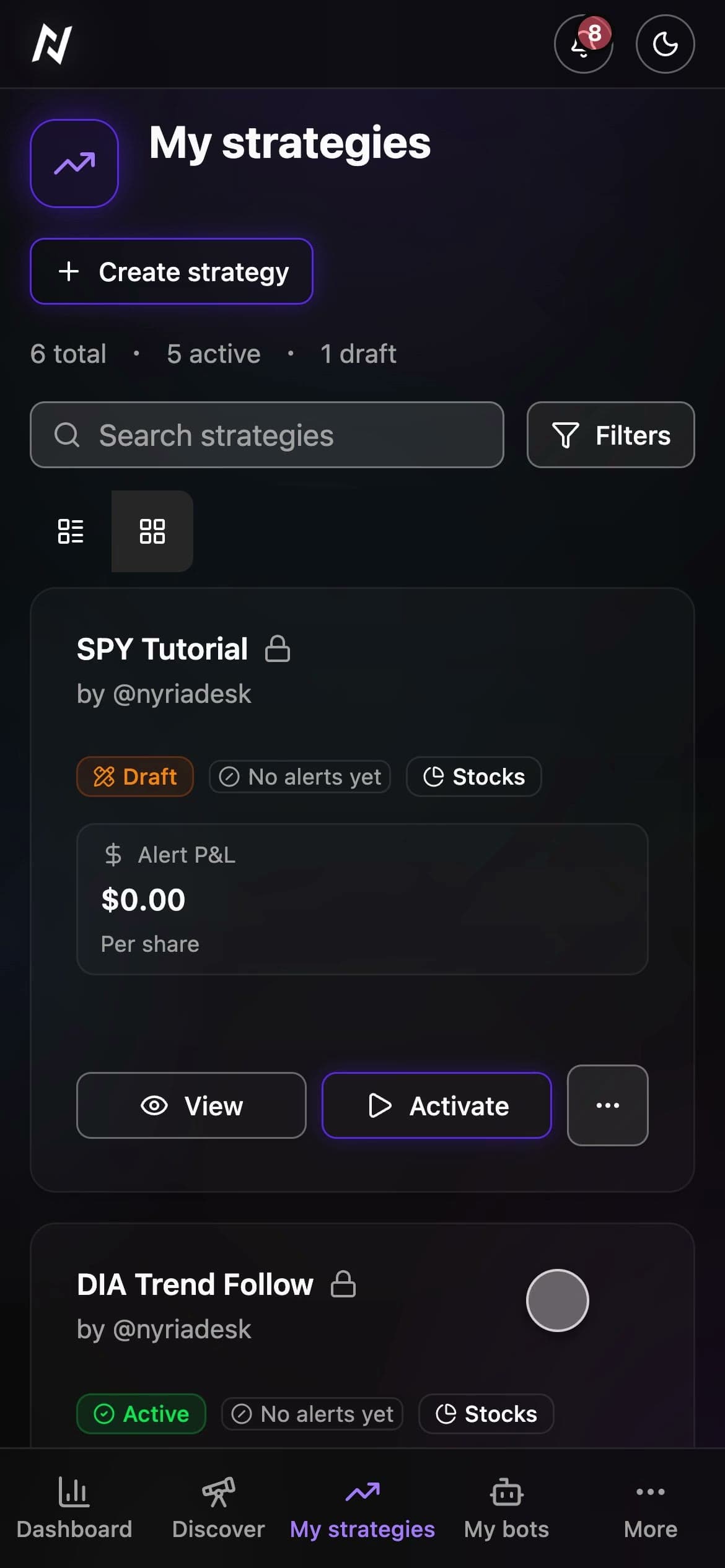 A strategy name typed in, TradingView picked as its alert source, then Create and the new strategy's page