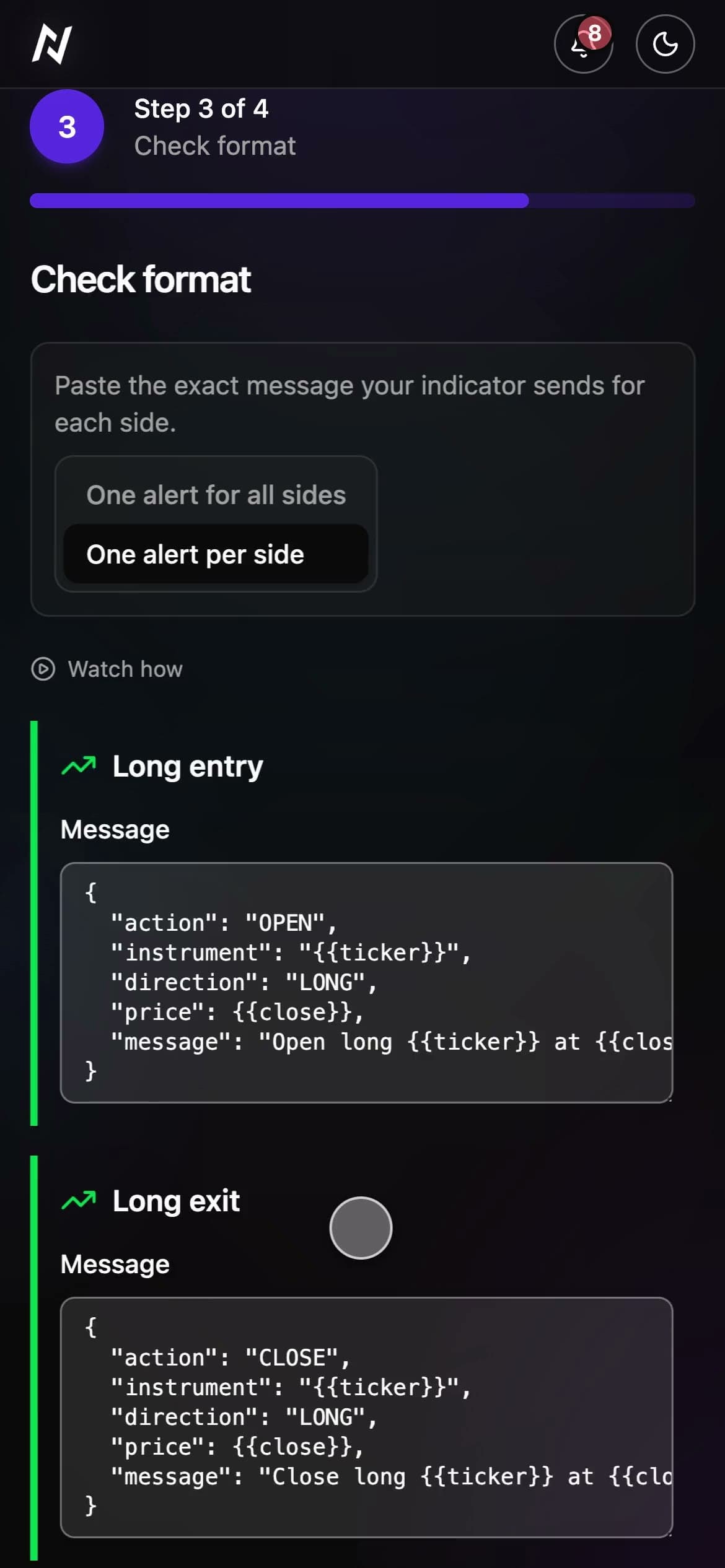 An entry and an exit alert typed in plain English, then checked: each read back as the QQQ trade it places and its price