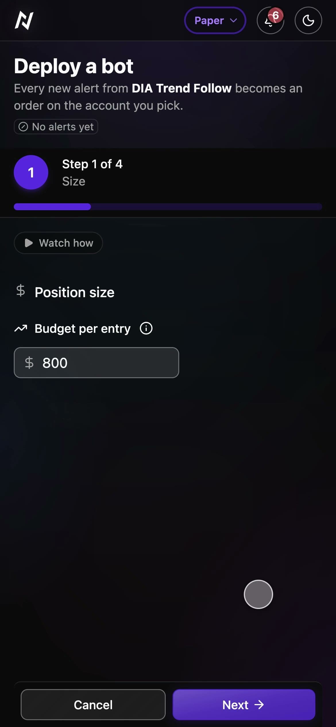 A budget per entry typed in, Deploy on Nyria Paper, then My bots with the other paper bots and their results