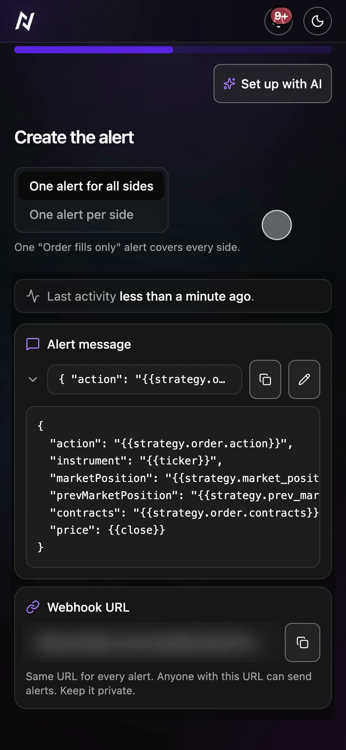 One alert on a BTC strategy in the Nyria app on a phone: the alert message, the order it placed, the filled Nyria Paper trade, and the notification