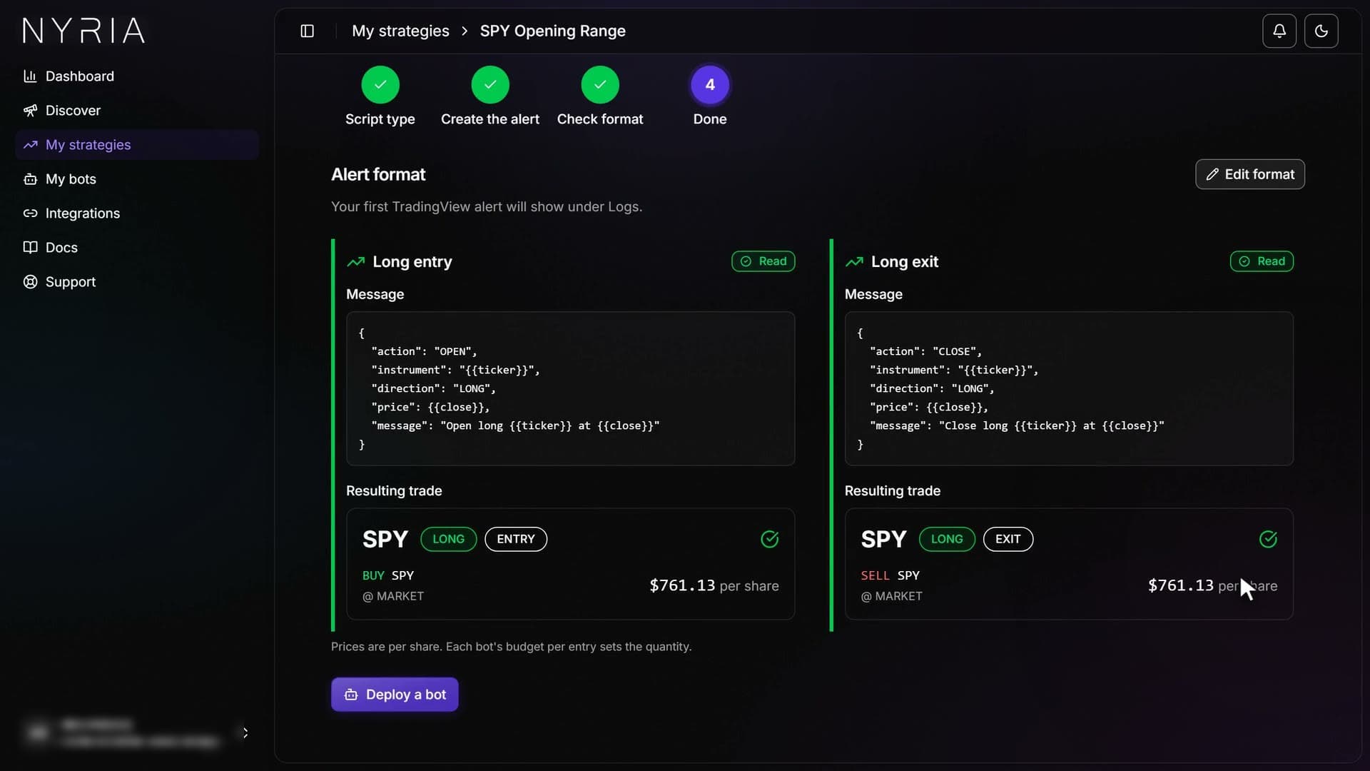 A TradingView alert in Nyria with the trade it resolves to