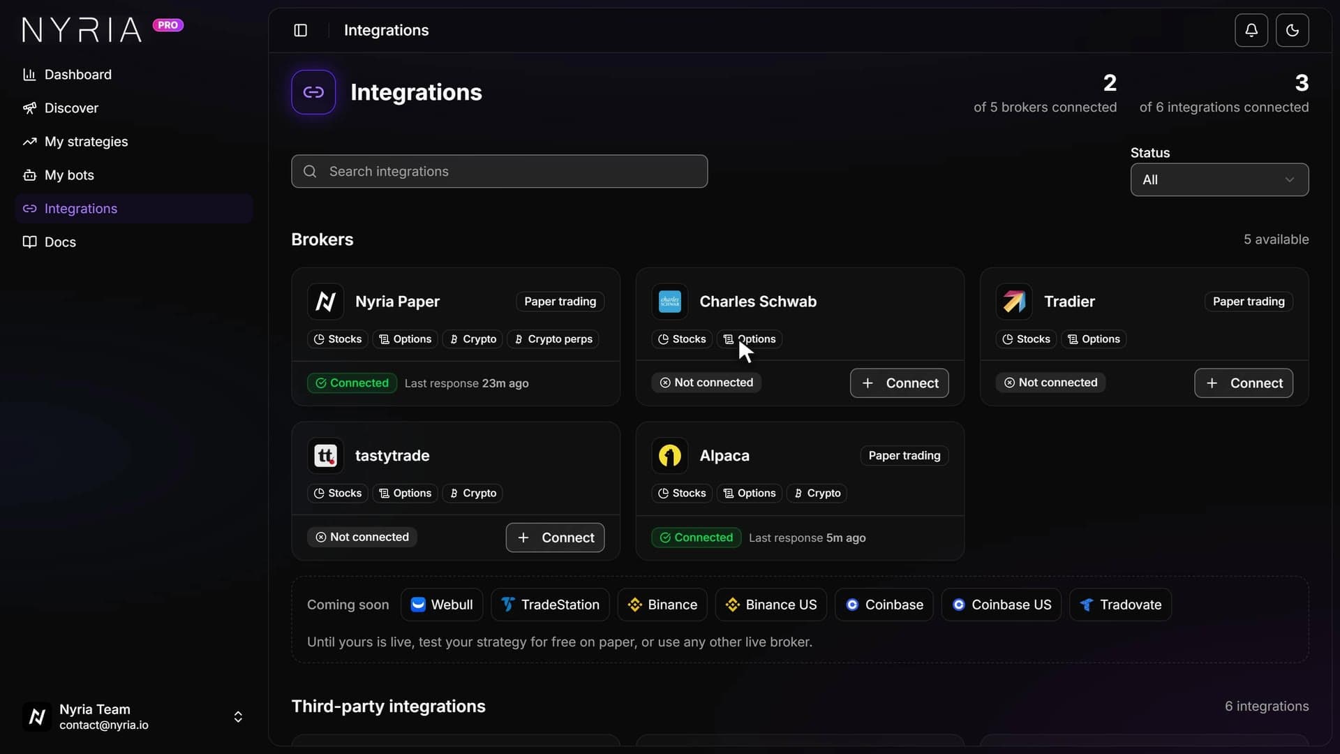 The Nyria Integrations page with Nyria Paper and brokers listed