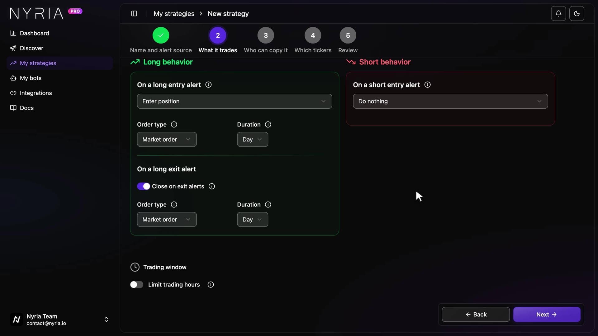The Nyria strategy setup step for what a strategy trades