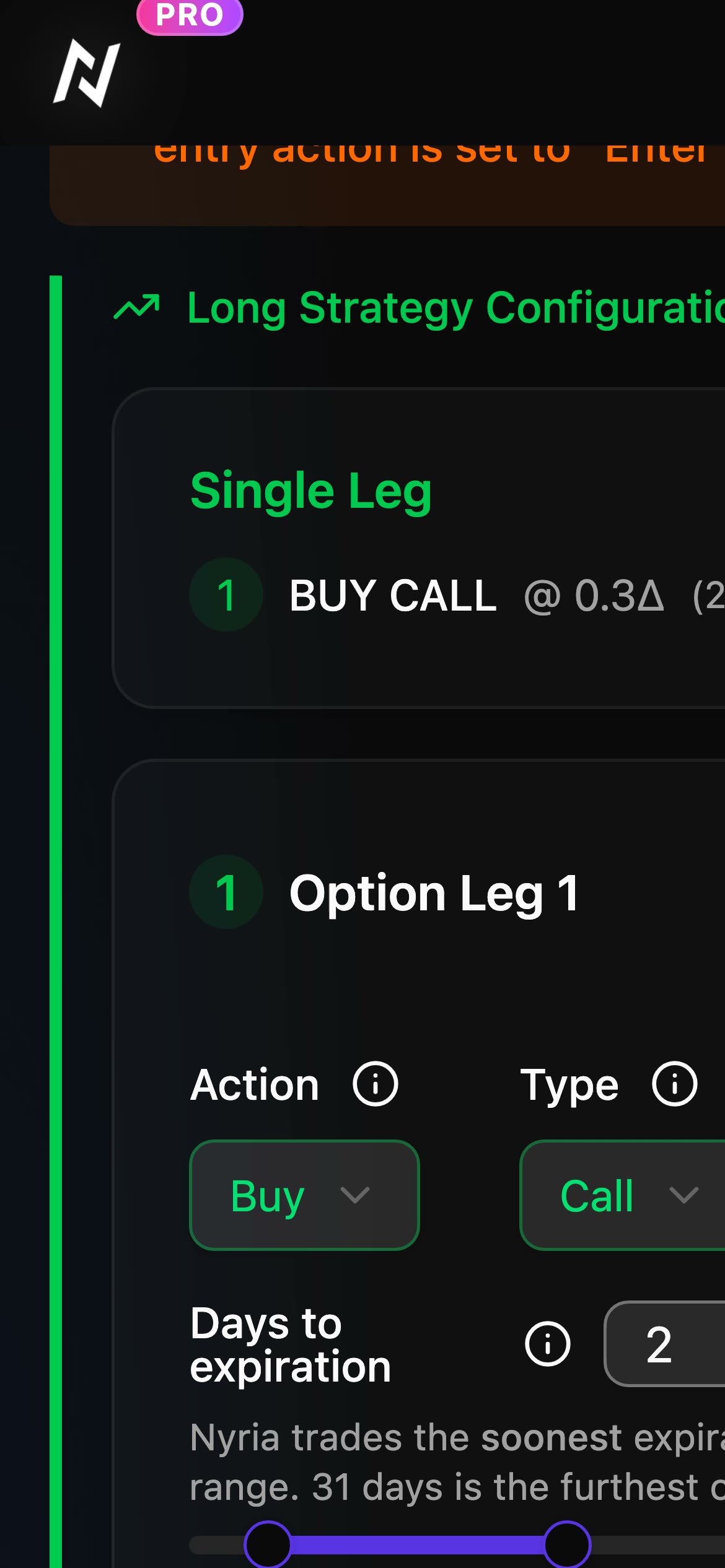 Delta and days to expiration on one option leg, then a second leg added to make a vertical spread